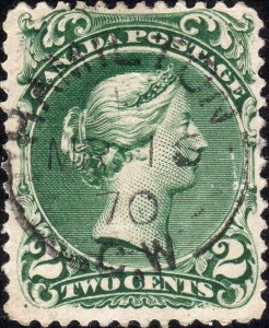 Canada stamp #32-Green 2¢ Large Queen on laid paper Image courtesy of Vincent Graves Greene Philatelic Research Foundation
